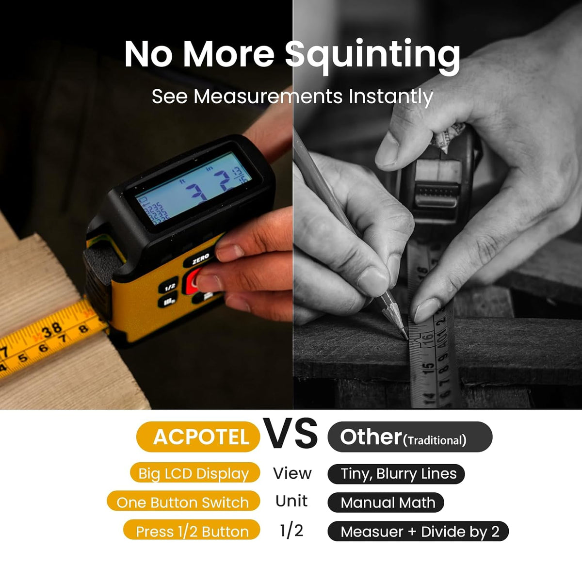 Digital Tape Measure 2-in-1, 16FT with Display, Regular Tape Measure, Area Volume Measuring Pythagorean Mode, Waterproof and Rechargeab, 20 Groups Historical Memory