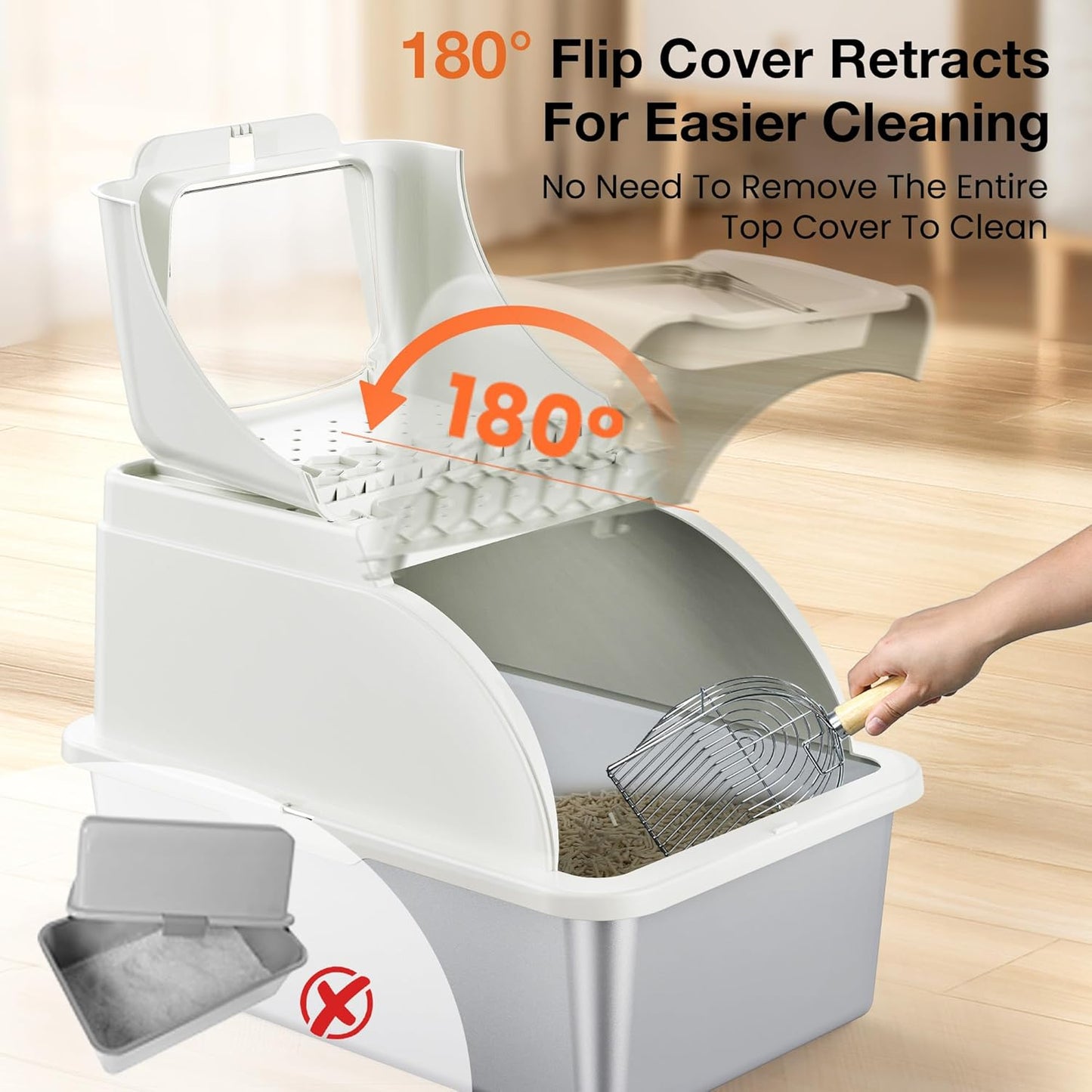 Stainless Steel Litter Box, XXL Large Metal Covered Litter Boxes, Dual Entrance Detachable Cat Litter Box with Lid, 16.6'' High Wall Urine Leak Prevention with Cat Litter Scoop (Gray)