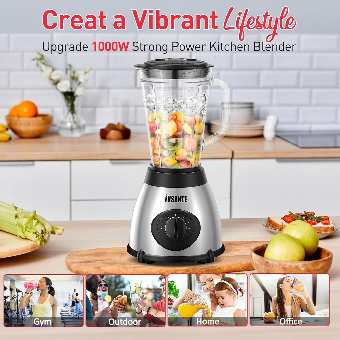 JUSANTE Smoothie Blender, 1000W Professional Kitchen Blender with Glass Jar for Shakes & Smoothies High Speed Countertop Blender for Ice Frozen Drinks