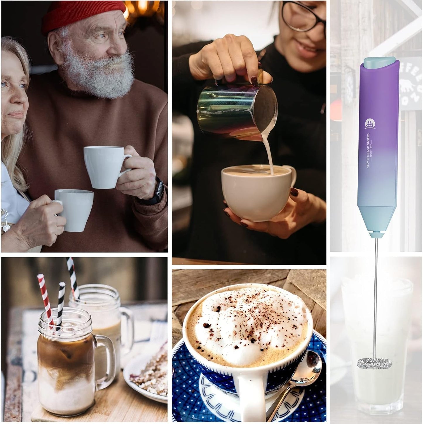 Powerful Milk Frother Handheld Foam Maker, Mini Whisk Drink Mixer for Coffee, Cappuccino, Latte, Matcha, Hot Chocolate, With Stand, Light Purple