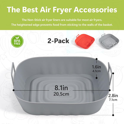 Li&Zhao Silicone Air Fryer Liners Reusable - 2 PCS Round Air Fryer Inserts Air Fryer Accessories 4 to 7 Qt Silicone Liners for Air Fryer Basket(Red & Gray)