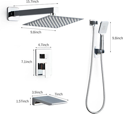 LCEVCGK Shower Faucet Set Complete Matte Black Shower System with 8 inch Square Rainfall Shower Head 3-Function Handheld Shower Waterfall Bathtub Spout Rain Shower Combo Set Bathroom Wall Mounted