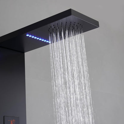 BATHLAVISH LED Black Shower Panels, Shower Tower with Storage Shelf 304 Stainless Steel System with Rainfall Shower Head with Handheld Massage Body Jets Bathroom Matte Black Waterfall Bathtub