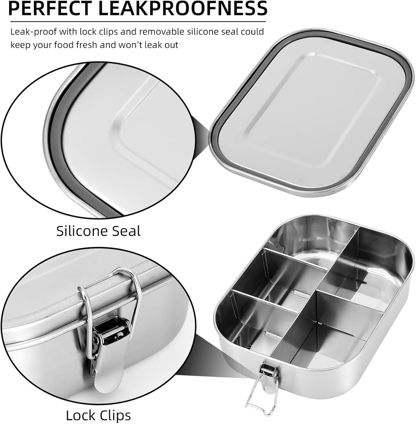 UPTRUST Leak Proof Stainless Steel Bento Lunch Container, (47OZ/1400ML) Metal Bento Lunch Box for Kids or Adults, 3 Compartment Packing Box for Work Lunch