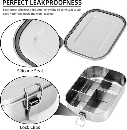 UPTRUST Leak Proof Stainless Steel Bento Lunch Container, (47OZ/1400ML) Metal Bento Lunch Box for Kids or Adults, 3 Compartment Packing Box for Work Lunch