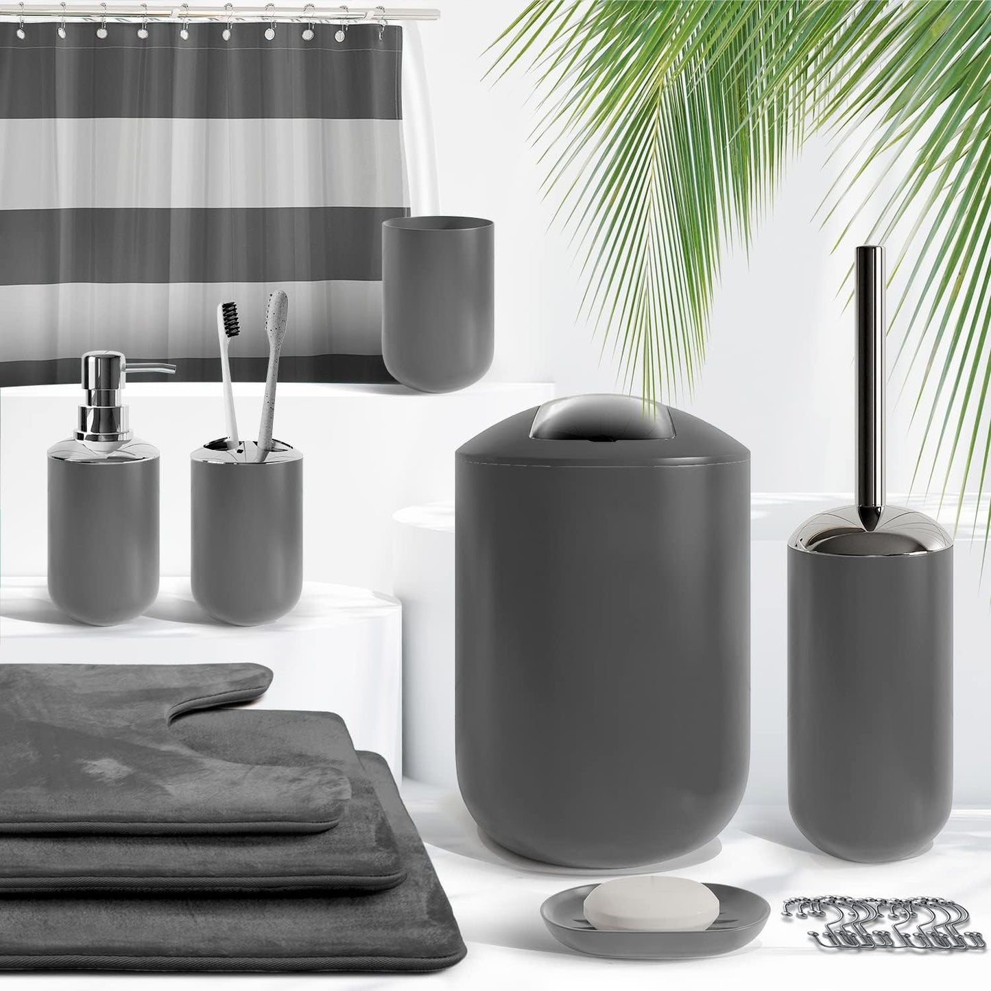 Clara Clark Bathroom Set - Gray Bathroom Accessories Set, Bathroom Sets with Shower Curtain and Rugs, 23PC Shower Curtain Set with Liner, Soap Dispenser, Soap Dish, Toilet Brush Holder, and Trash Can