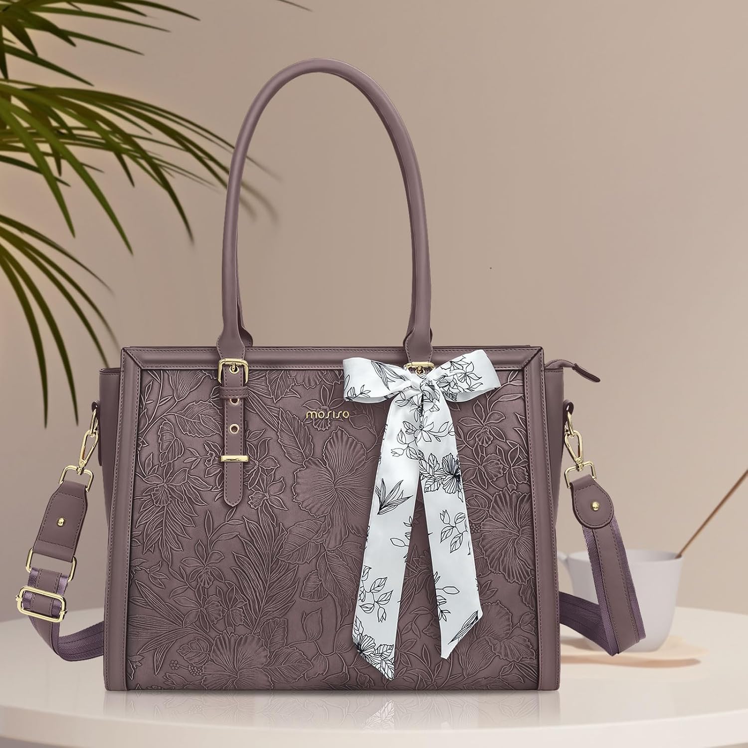 MOSISO Laptop Bag for Women, 17-17.3 inch PU Leathe Tote Bag Compatible with MacBook, HP, Dell, Asus Notebook, Front Embossed Retro Hibiscus Computer Bag with Silk Scarf&Clutch Purse, Gray - PuriLite