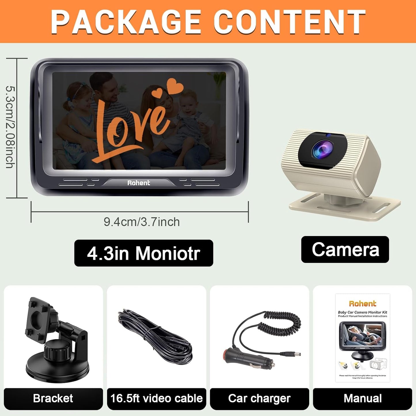 Rohent Baby Car Camera HD 1080P - Rear-Facing Infant Monitor with Night Vision Car Camera for Baby 150° Wide-Angle Lens Anti-Glare Screen Easy Install 360° Adjustable Display