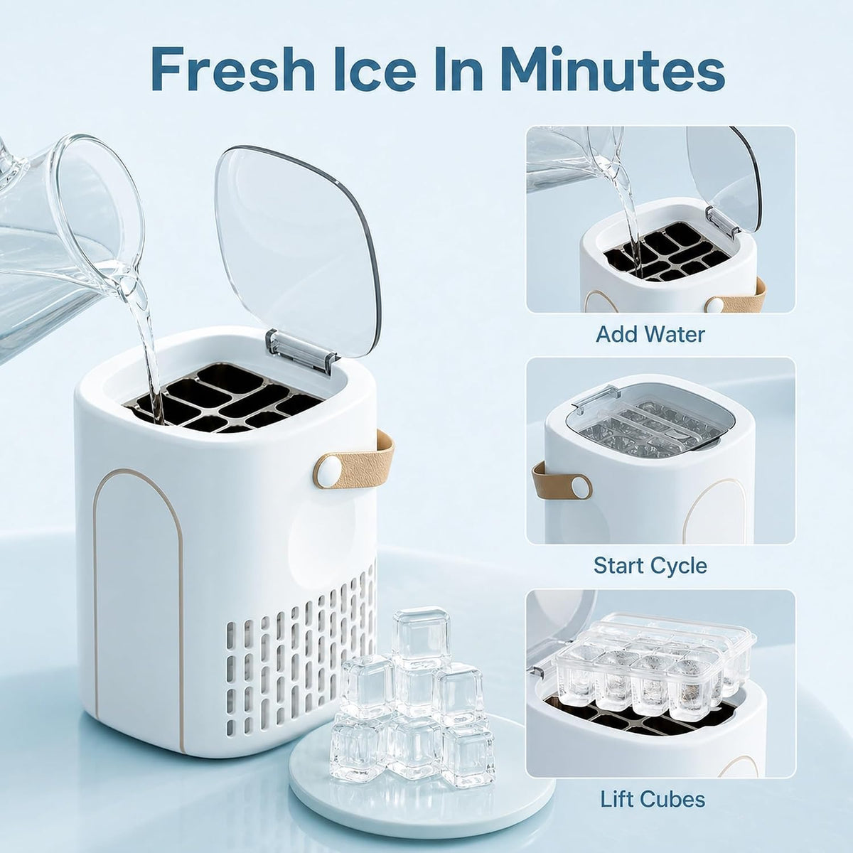 Portable Mini Ice Maker Machine, Compact Ice Making Appliance for Home Kitchens, Offices, Travel and Small Spaces, Convenient Ice Maker for Cold Drinks, Refreshments and Daily Use Blue