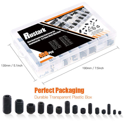 Rustark 450Pcs M3/M4/M5/M6/M8 Allen Head Socket Hex Grub Screw Set Assortment Kit with Internal Hex Drive - 12.9 Class Black Alloy Steel
