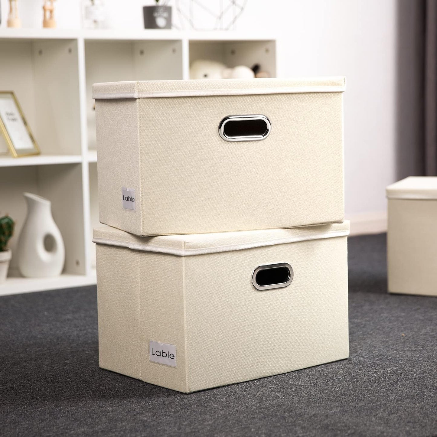 PRANDOM Large Foldable Storage Bin with Lid [1-Pack] Linen Fabric Decorative Storage Box Organizer Containers Basket Cube with Handles Divider for Bedroom Closet Office Living Room (17.7x11.8x11.8")