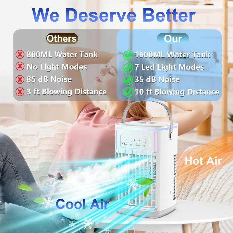 Portable Air Conditioners Fan with Remote, 4-in-1 Portable AC with 1500ml Water Tank, 3 Wind Speeds, 6H Timer, 2 Cool Mist, 7 Lights, Personal Mini Air Conditioner for Room Bedroom Office (Black)