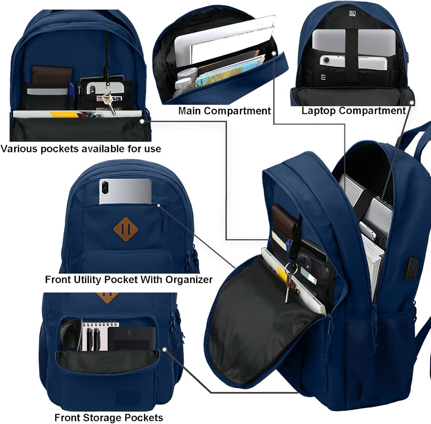 KEOFID classic carry-on travel backpack for men and women, Anti theft laptop backpack with USB charging port, large backpack for college(dark black）