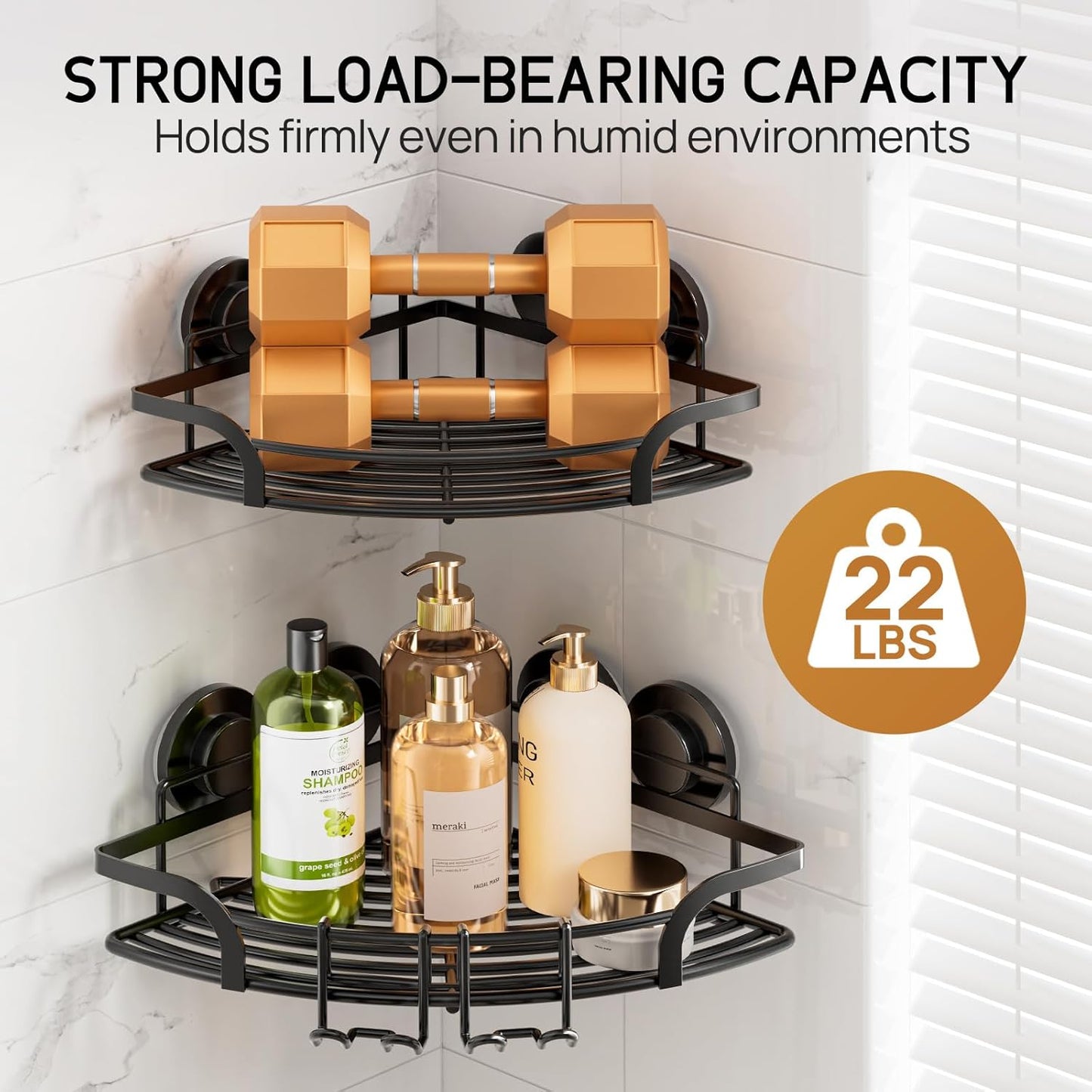 LEVERLOC Shower Caddy Suction Cup, 2 Pack Black Shower Shelf with Hooks and Soap Holder, NO-Drilling Bathroom Organizer, Rustproof Metal Bathroom Storage and Organization