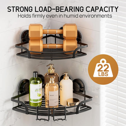 LEVERLOC Shower Caddy Suction Cup, 2 Pack Black Shower Shelf with Hooks and Soap Holder, NO-Drilling Bathroom Organizer, Rustproof Metal Bathroom Storage and Organization