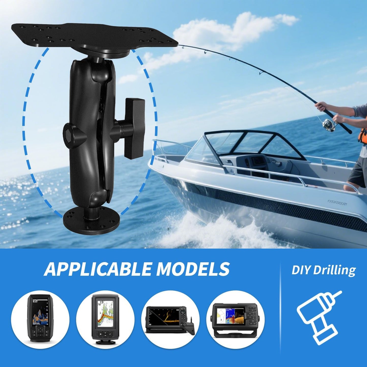 S109 Aluminum Alloy Fish Finder Mount with C Size 1.5" Ball, Dual Purpose Rectangle Plate & Round Base, 6.7" Long Arm Marine Electronic Mount Compatible with Garmin, Lowrance, Humminbird, and More