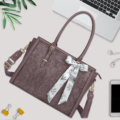 MOSISO Laptop Bag for Women, 17-17.3 inch PU Leathe Tote Bag Compatible with MacBook, HP, Dell, Asus Notebook, Front Embossed Retro Hibiscus Computer Bag with Silk Scarf&Clutch Purse, Gray - PuriLite