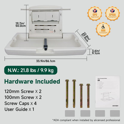 anydry Baby Changing Station Wall-Mounted, Foldable Diaper Changing Table Heavy-Duty Design with Safety Straps for Commercial Bathroom, in Elegant Grayish White