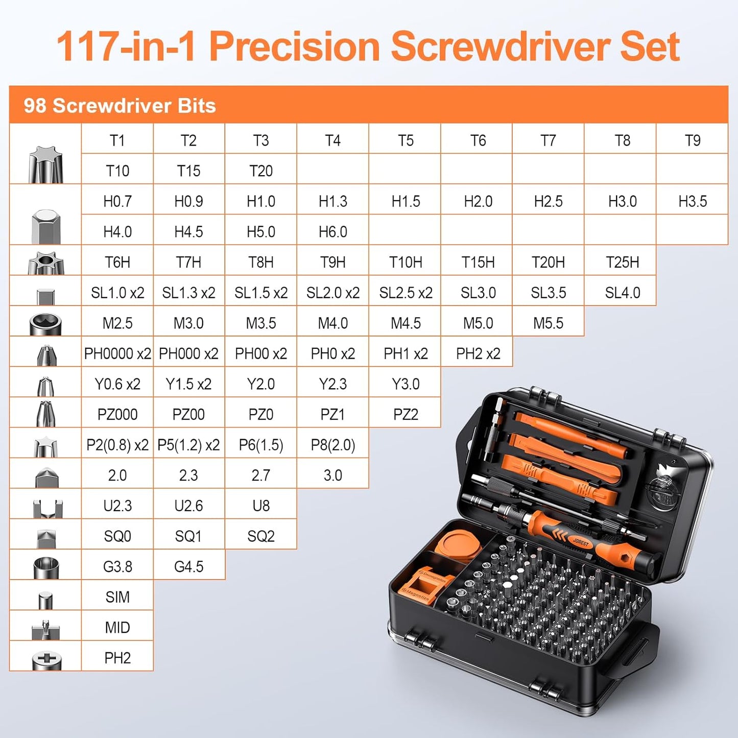 JOREST 117-in-1 Precision Screwdriver Set – Magnetic Mini Repair Tool Kit with Torx & Triwing Bits, Flexible Shaft, Ergonomic Handle - PuriLite