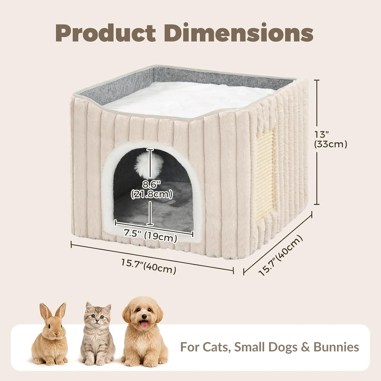Avont Cat Cube Bed for Indoor Cats, 2-in-1 Enclosed Cat House with Scratching Pad, Foldable Cave Hideaway Bed for Kittens -Cream