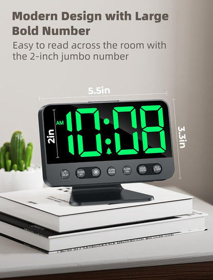 Odokee Digital Alarm Clocks for Bedrooms: Large Bold Number 5 Brightness Dimmer - Easy to Read Across The Room - 5 Alarm Sound 8 Night Light - Silver