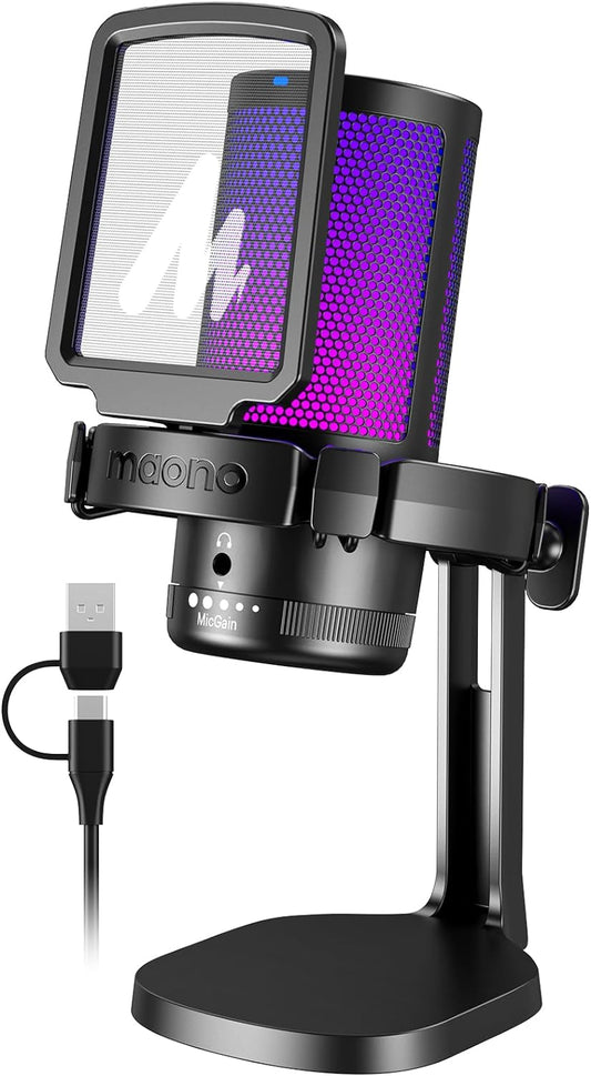 MAONO USB Gaming Microphone | Streaming Microphone | Podcast Microphone | Recording Microphone | RGB USB Microphone | Unidirectional Condenser Mic