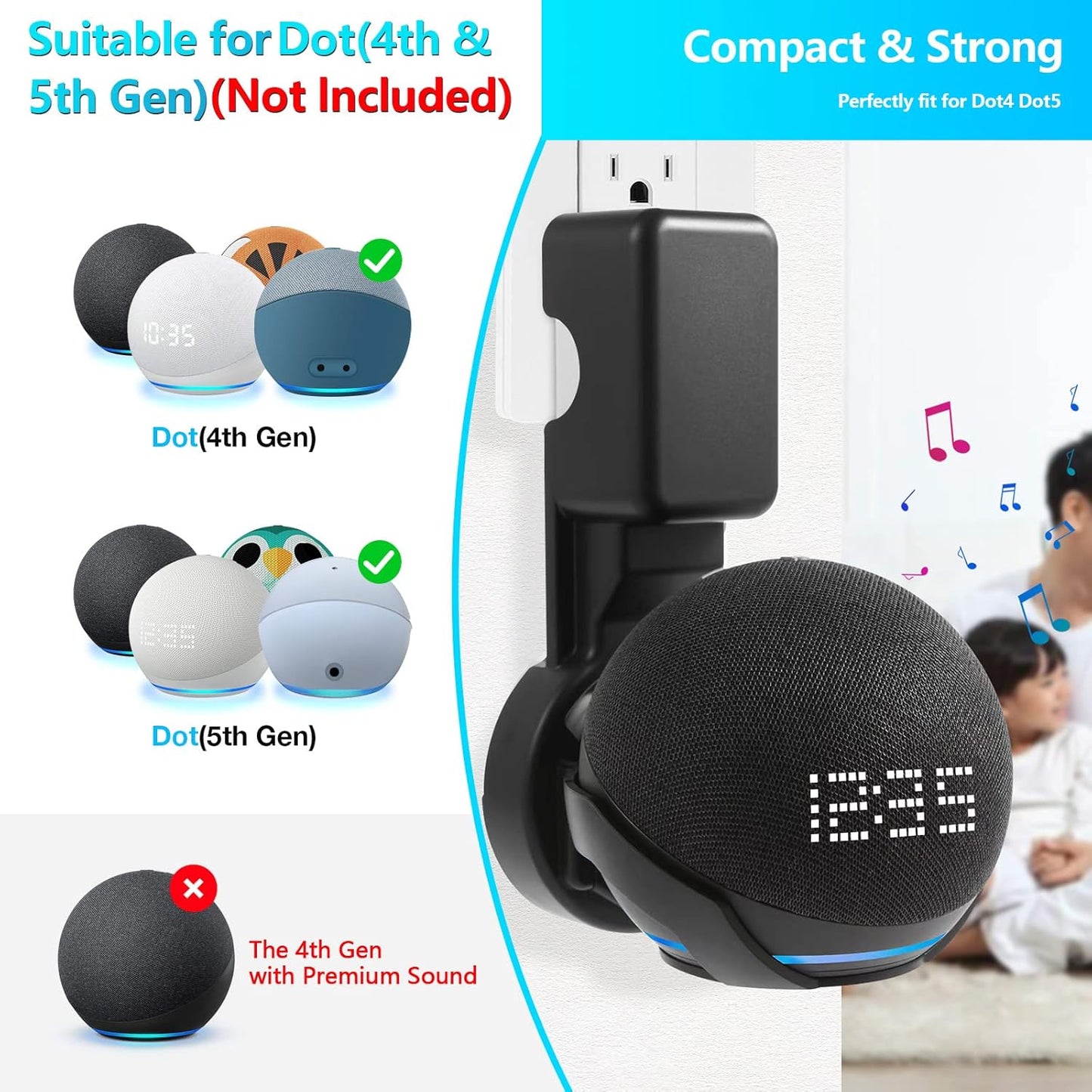 ZUOLACO Wall Mount Holder for Echo Dot 5th Generation, Outlet Wall Mount Stand for Echo Dot 5th/4th Gen, No Screws or Drilling Needed, Space-Saving Dot Accessories with Cable Hidden Storage, Black