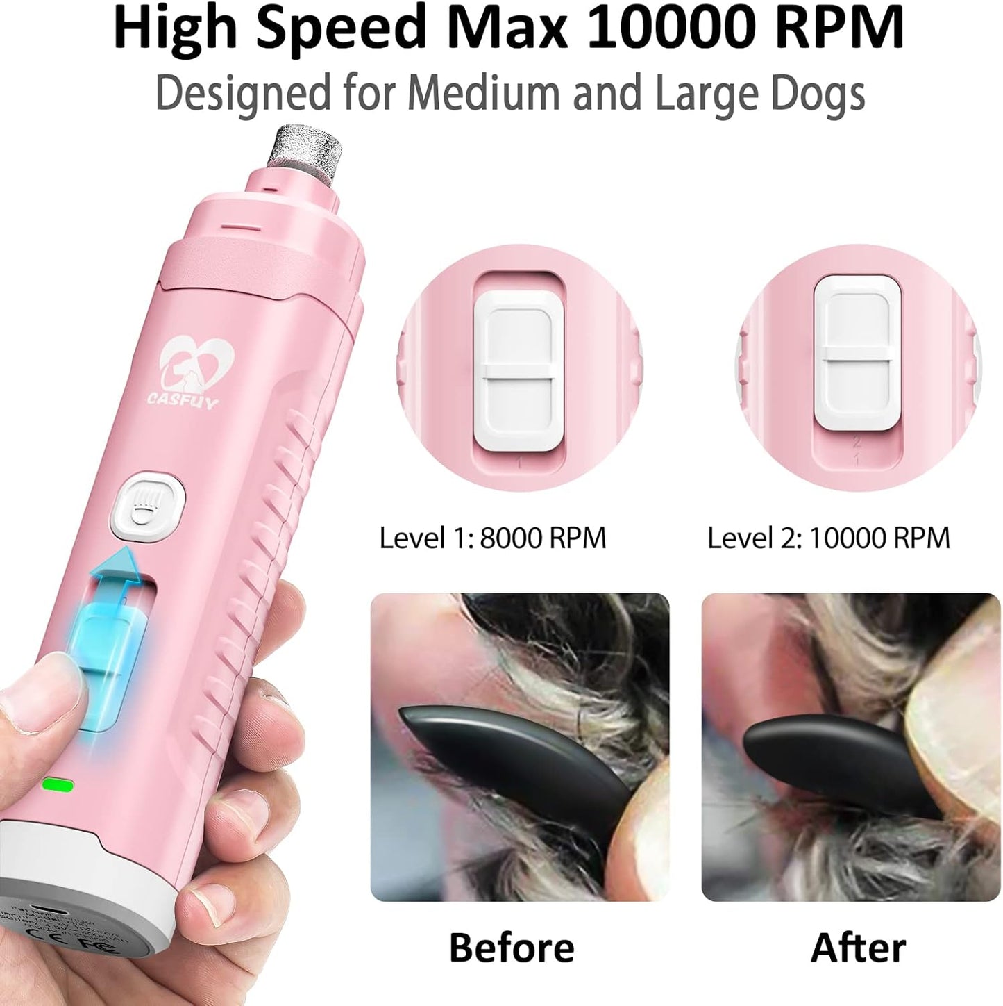 Casfuy Dog Nail Grinder with 2 LED Light for Large Medium Dogs - 3X More Powerful 2-Speed Electric Pet Nail Trimmer Rechargeable Quiet Painless Paws Grooming & Smoothing Tool