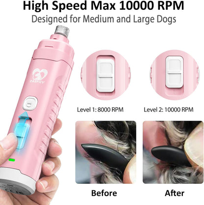 Casfuy Dog Nail Grinder with 2 LED Light for Large Medium Dogs - 3X More Powerful 2-Speed Electric Pet Nail Trimmer Rechargeable Quiet Painless Paws Grooming & Smoothing Tool