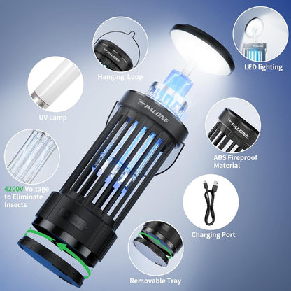 PALONE Bug Zapper, 4000mAh Electric Bug Zapper with LED Light, Retractable Fly Zapper with 3 Levels of Lighting Intensity Used for Indoor Outdoor