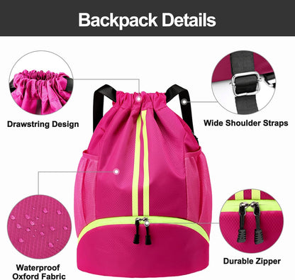 Hoedia Sports Drawstring Backpack - String Swim Gym Bag with Shoes Compartment and Wet Proof Pocket for Women/Men