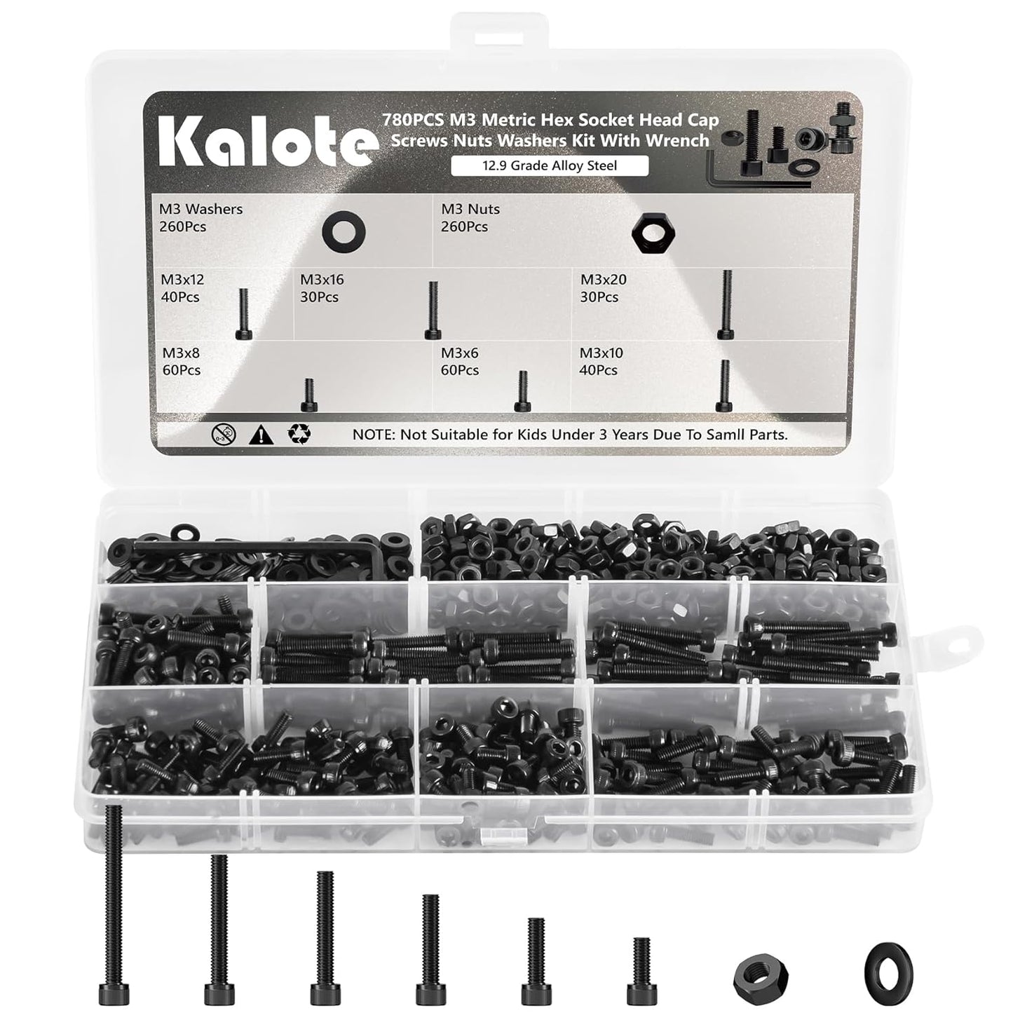 360Pcs M4 Screw Assortment Kit, Bolts Screws Nuts Kit, M4*6/8/12/16/20/30mm Metric Hex Socket Head Cap Bolts, 12.9 Grade Alloy Steel Black Screws with Wrench for 3D Printer, Black Zinc Plated