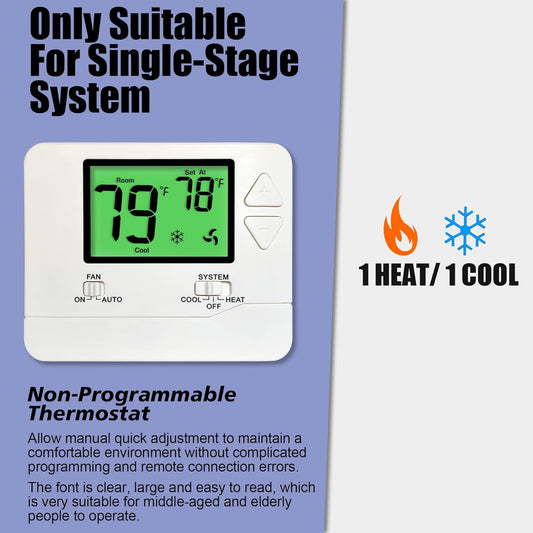 Heagstat Non-Programmable Thermostats for Home Single-Stage 1 Heat/ 1 Cool (with Green Backlight) - PuriLite