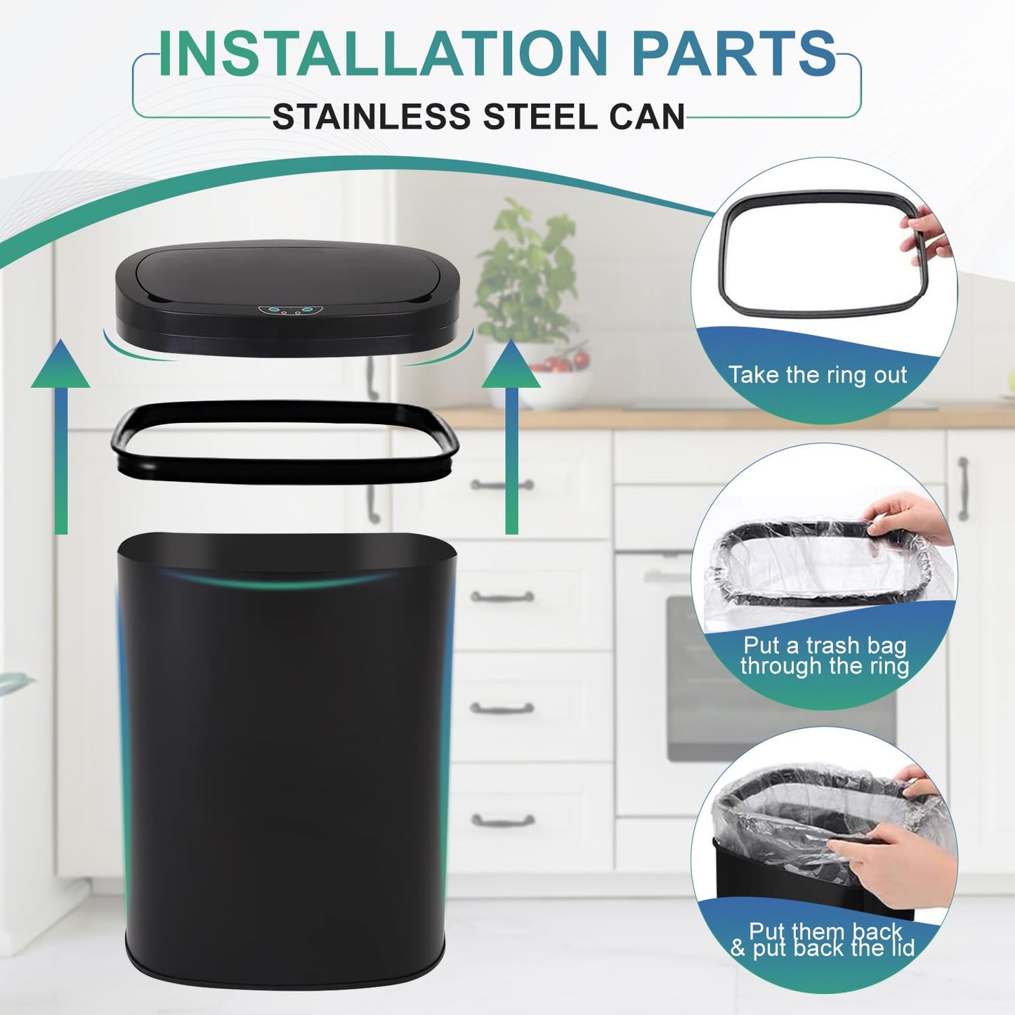 13 Gallon Sensor Garbage Can Stainless Steel Kitchen Garbage Can with Lid Antomatic Garbage can for Kitchen Office Bedroom Bathroom Living Room,Black