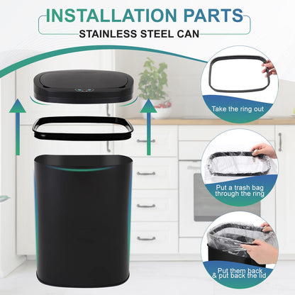 13 Gallon Sensor Garbage Can Stainless Steel Kitchen Garbage Can with Lid Antomatic Garbage can for Kitchen Office Bedroom Bathroom Living Room,Black