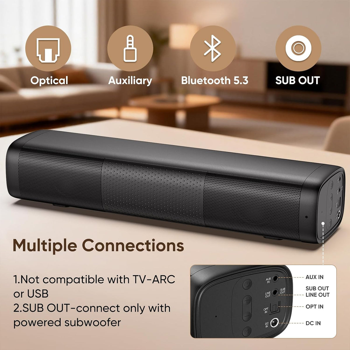 Saiyin 11.7-inch Sound Bar, Small Size & Big Power, Powered by AC Adapter