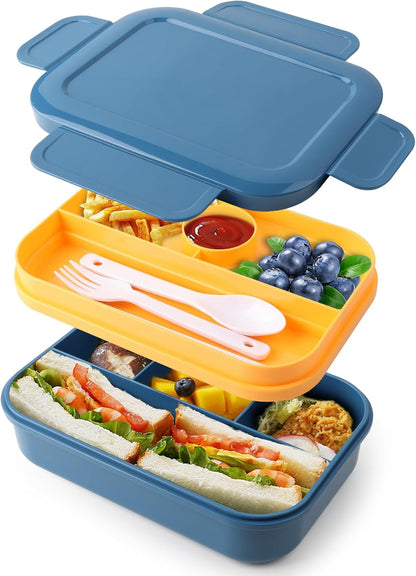 Bento Box Adult Lunch Box - 2000 ML Stackable with 8 Compartments, Leak-Proof, Built-in Sauce Container, Utensils, Microwave/Dishwasher/Freezer Safe - Blue