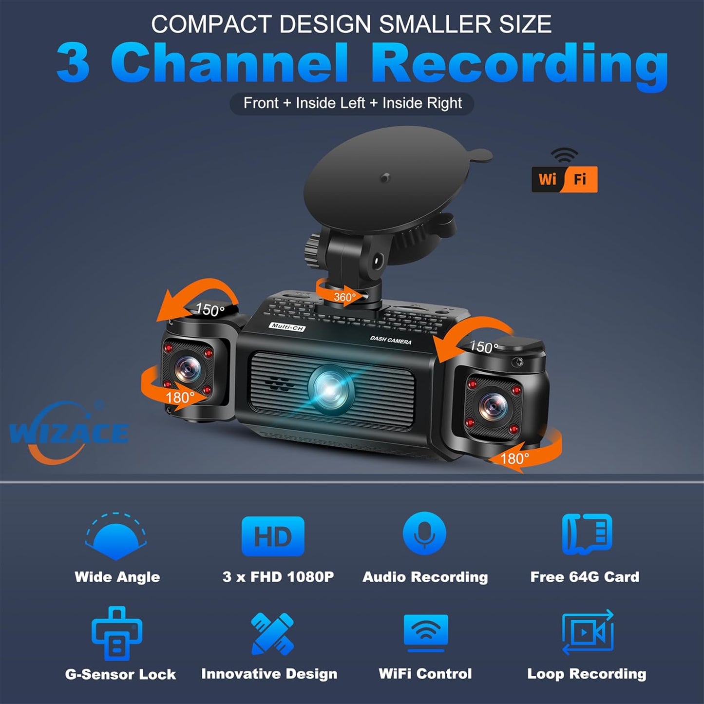 3 Channel Dash Cam WiFi FHD 2K Car Camera with 64GB Card, WIZACE 270° Front Dash Camera Front and Inside Left Right for Cars, Mini Dashcams with Night Vision,Loop Recording,WDR,G-Sensor, APP