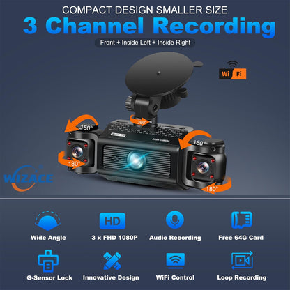 3 Channel Dash Cam WiFi FHD 2K Car Camera with 64GB Card, WIZACE 270° Front Dash Camera Front and Inside Left Right for Cars, Mini Dashcams with Night Vision,Loop Recording,WDR,G-Sensor, APP