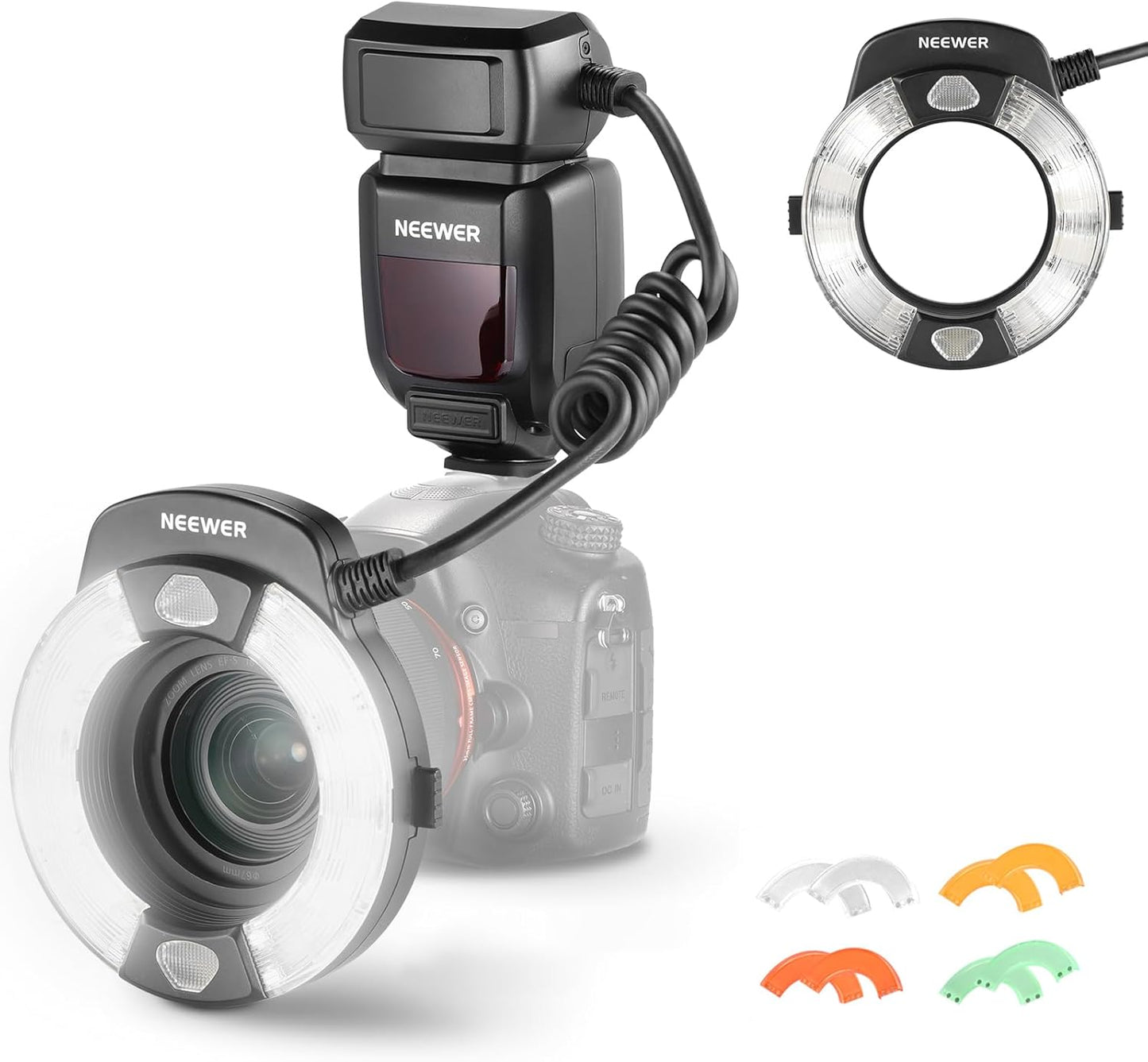 NEEWER RF1-S Marco Ring Flash Light Compatible with Sony Camera, 76Ws GN15 5600K TTL Lighting, 1-1/128 Output Front/Rear Curtain Sync Color Gels Lens Adapter Rings for Macro Photography Studio Photo - PuriLite