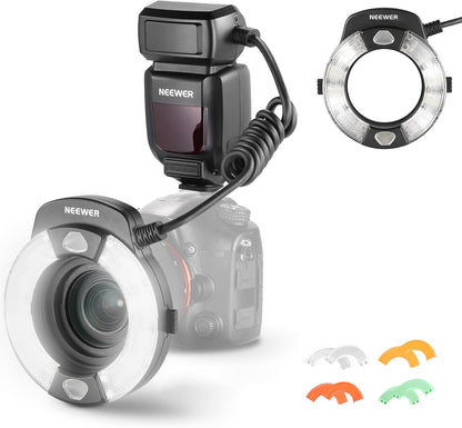 NEEWER RF1-S Marco Ring Flash Light Compatible with Sony Camera, 76Ws GN15 5600K TTL Lighting, 1-1/128 Output Front/Rear Curtain Sync Color Gels Lens Adapter Rings for Macro Photography Studio Photo - PuriLite