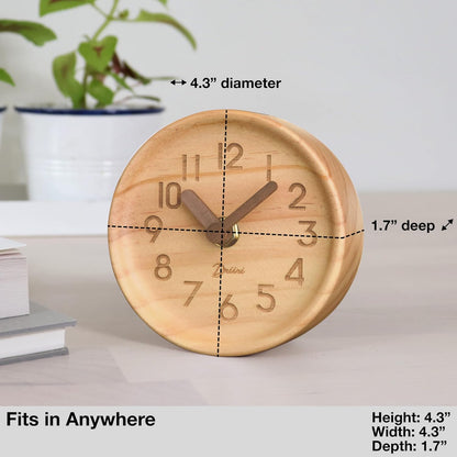 Driini Wooden Analog Desktop Clock – 4.3 in. Decorative Pinewood Clock, No-Tick Design – Easy to Read Silent Sweep Mantle Clock – Quiet Tabletop Clocks with Wood Body, Hands, & Battery Cover; Blue