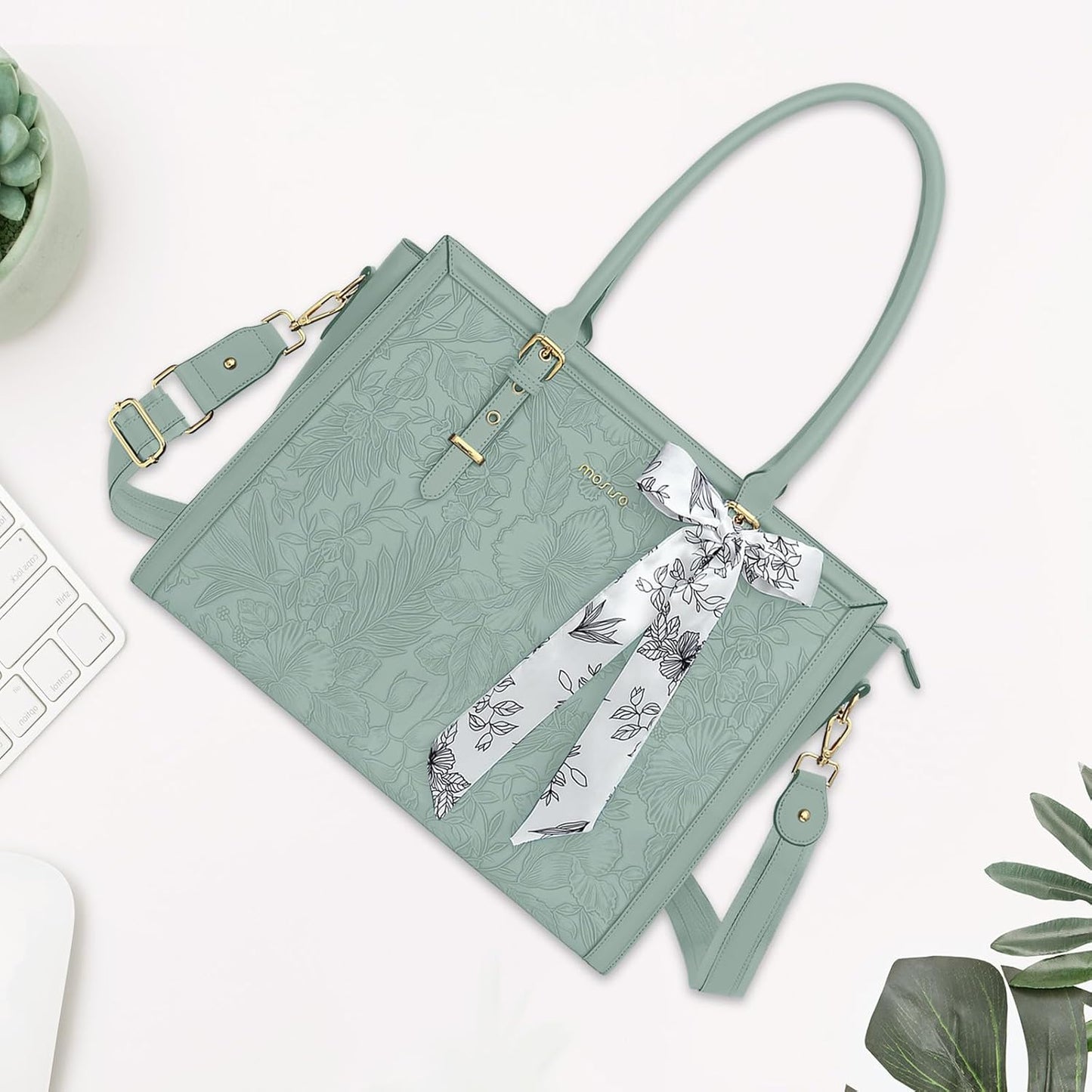 MOSISO Laptop Bag for Women, 17-17.3 inch PU Leathe Tote Bag Compatible with MacBook, HP, Dell, Asus Notebook, Front Embossed Retro Hibiscus Computer Bag with Silk Scarf&Clutch Purse, Gray - PuriLite