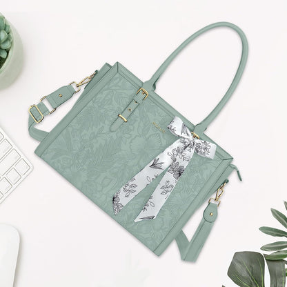 MOSISO Laptop Bag for Women, 17-17.3 inch PU Leathe Tote Bag Compatible with MacBook, HP, Dell, Asus Notebook, Front Embossed Retro Hibiscus Computer Bag with Silk Scarf&Clutch Purse, Gray - PuriLite
