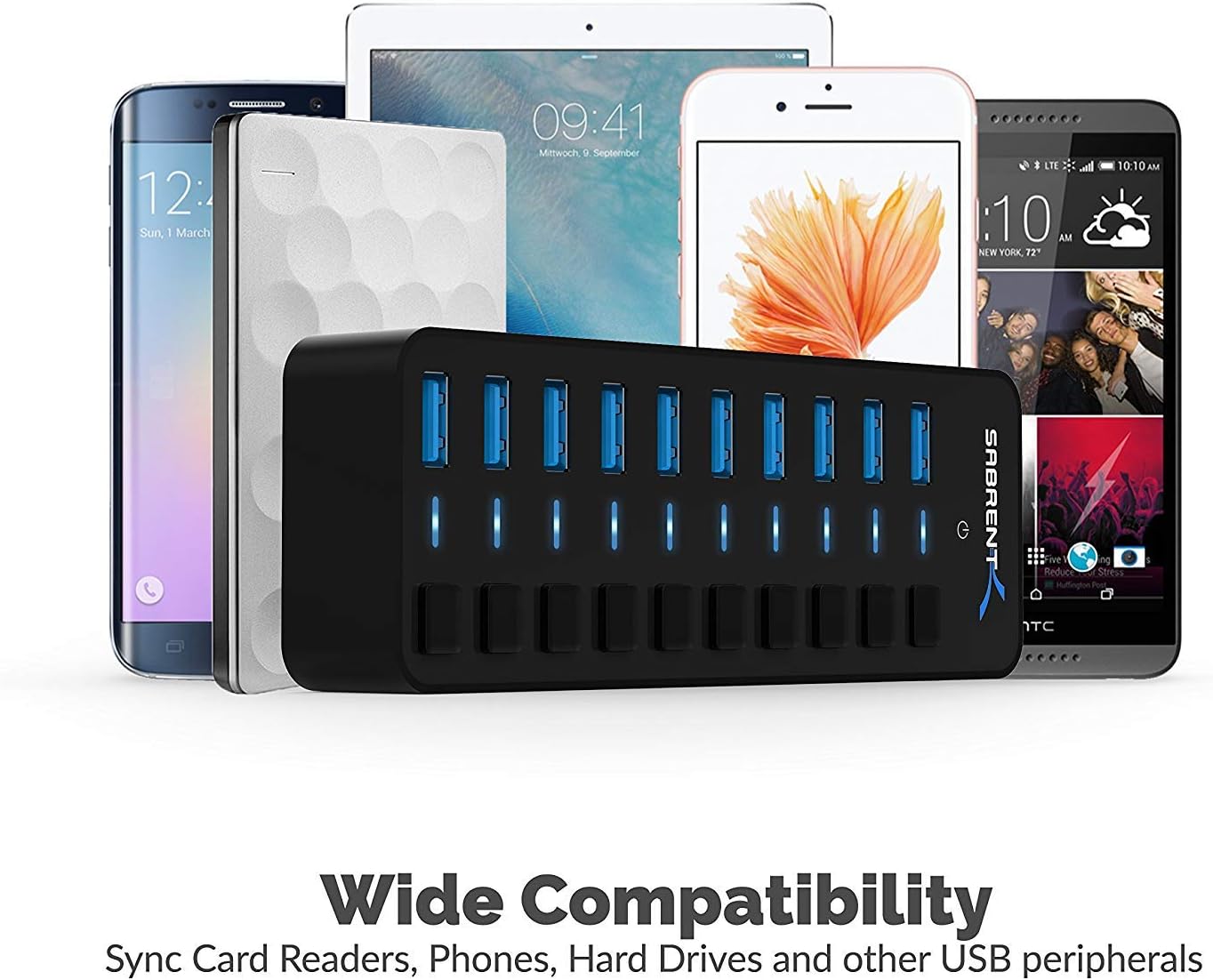 SABRENT16 Port USB hub 3.2 x1 and Charger 90W, with Power Adapter, Fast Powered Data hub, Multiple USB Charging, USB Docking Station, multiport hubs, LEDs on/Off Switch, Mount Bracket Included