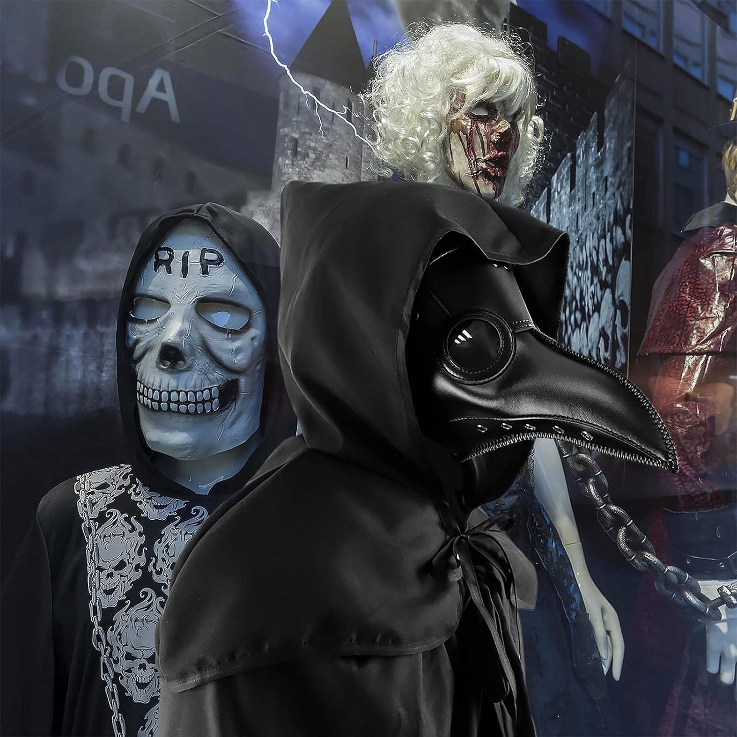 Halloween Plague Doctor Mask Plague Doctor Costume Obito Mask Steampunk Halloween Mask Horror Scary Halloween Mask Costume Props for Party Prom Halloween Gifts Set（3-pc Set） (Black)