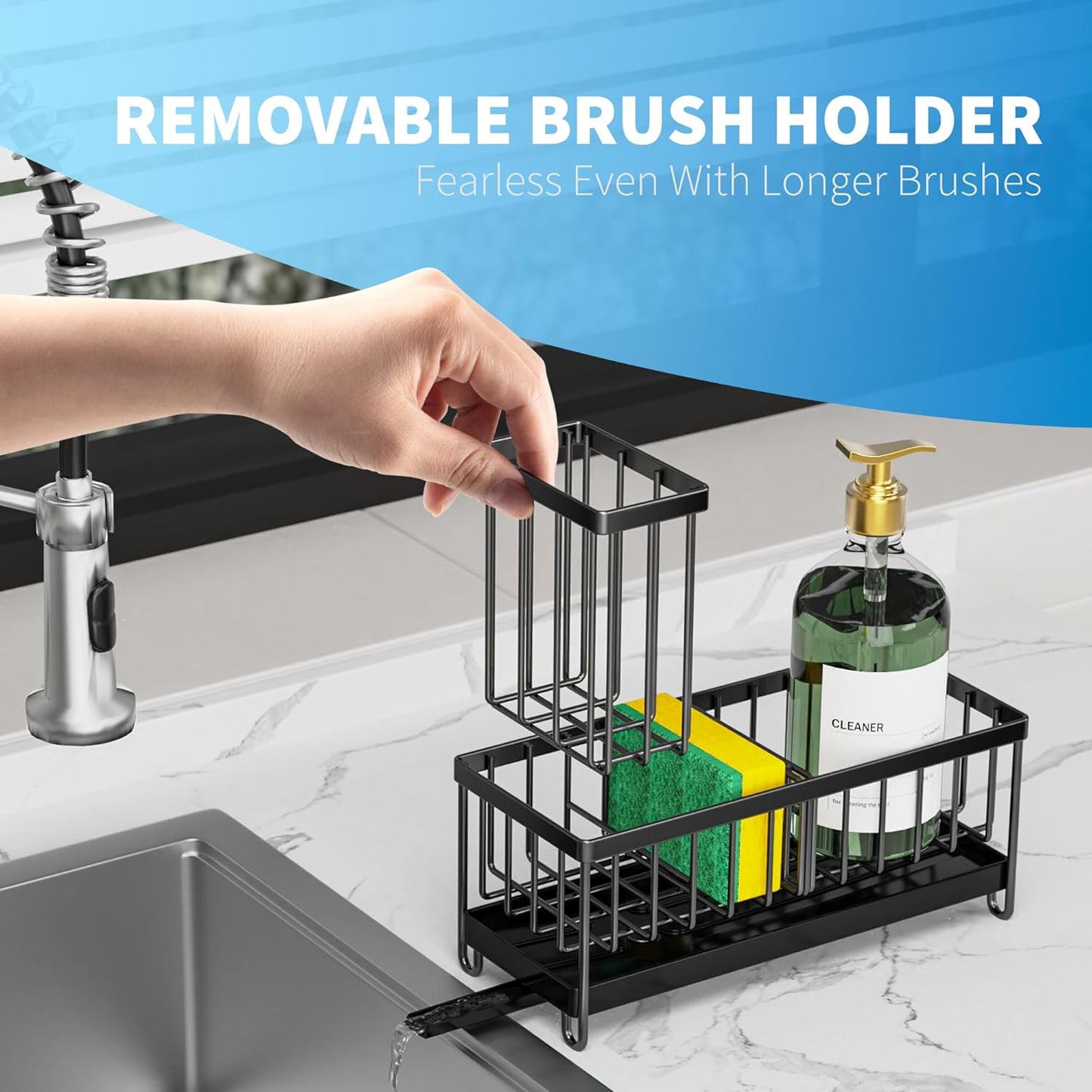 Cisily Sponge Holder for Kitchen Sink, Sink Caddy with High Brush Holder, Organzier Rustproof 304 Stainless Steel Dish Organizer Divider, Soap Dispenser Storage (Black)