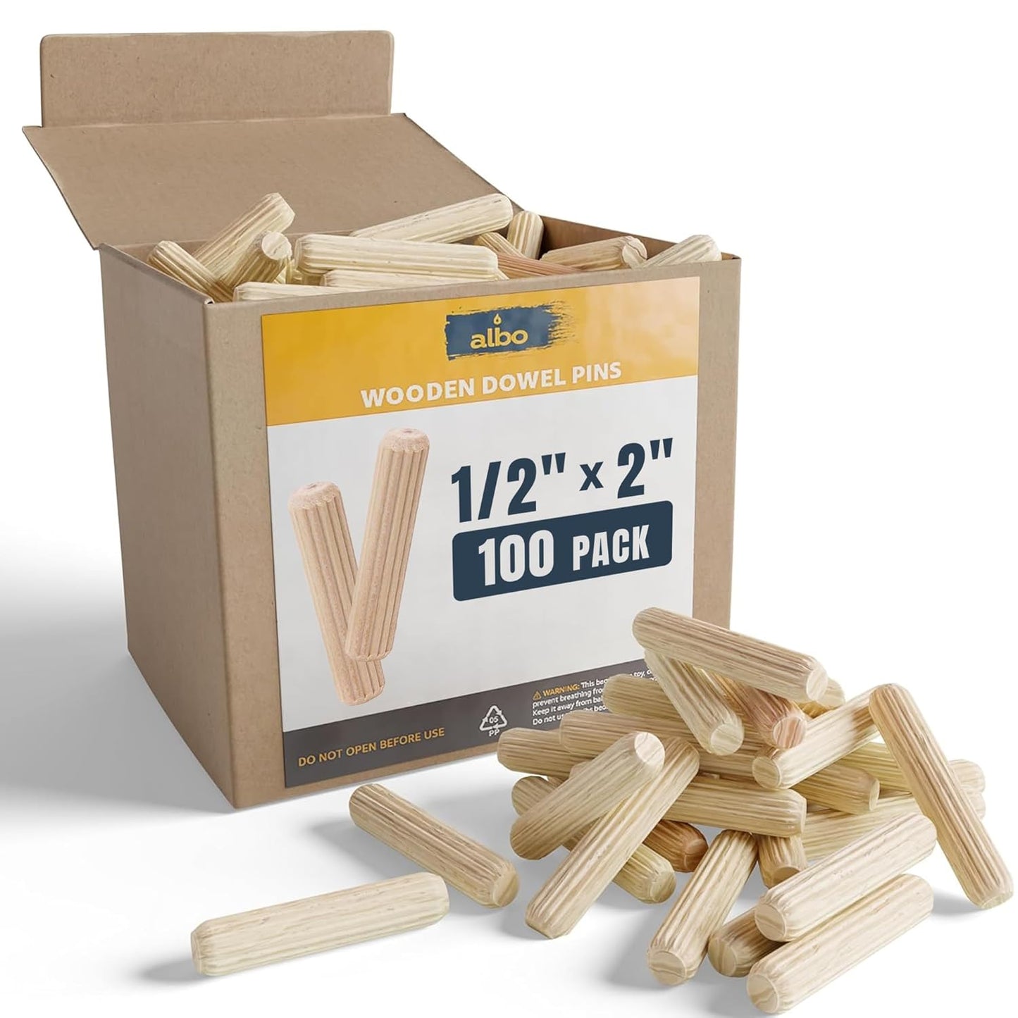 ALBO Wooden Dowel Pins 100 Pack Assorted Sizes 1/2 + 3/8 + 5/16 + 1/4 inch Fluted Wood Dowels Rods Hardwood Crafts Dowel Pegs