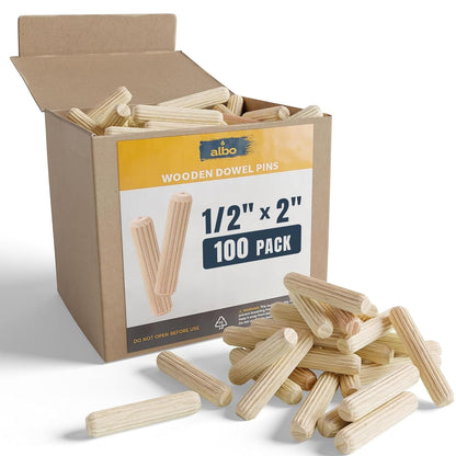 ALBO Wooden Dowel Pins 100 Pack Assorted Sizes 1/2 + 3/8 + 5/16 + 1/4 inch Fluted Wood Dowels Rods Hardwood Crafts Dowel Pegs