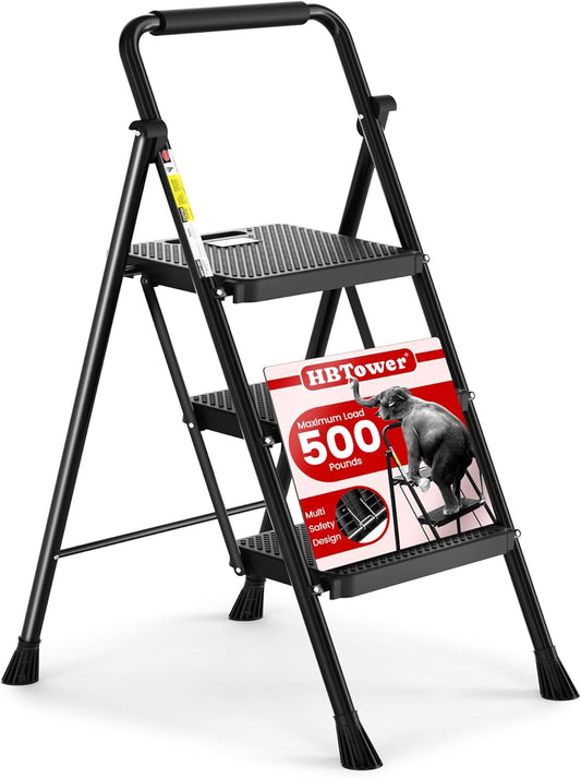 HBTower 3 Step Ladder, Folding Step Stool with Wide Anti-Slip Pedal, 500lbs Sturdy Steel Ladder, Convenient Handgrip, Lightweight, Portable Steel Step Stool, Black